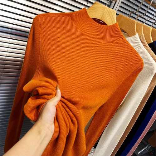 橘色半高领打底衫女2024年秋季新款内搭纯色简约修身中领针织上衣