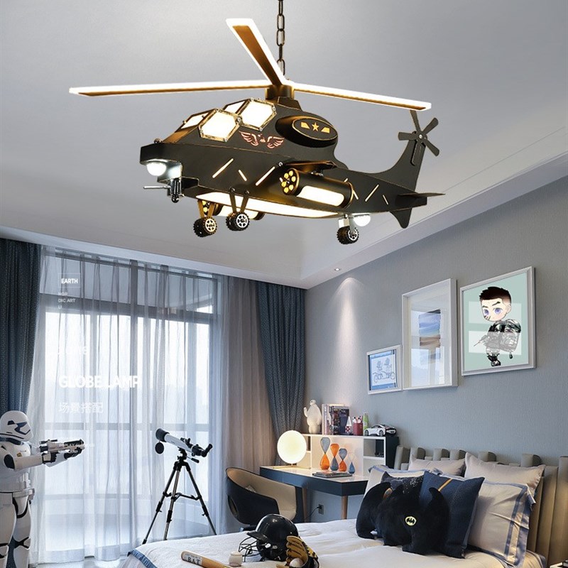 LED儿童房飞机吊灯 创意个性复古工业风直升机模型男孩房间卧室灯
