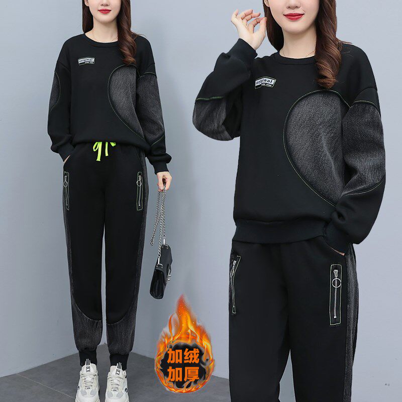 2024加绒加厚卫衣长袖套装女秋冬牛仔拼接休闲运动两件套大码女装