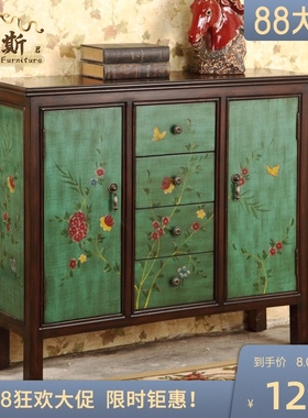 绿色彩绘田园斗柜餐边柜家具边柜门厅柜玄关柜装饰柜储物多功能柜
