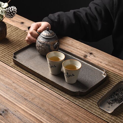 陶瓷茶盘干泡台储水干泡盘家用功夫茶具简约小茶台托盘茶海鎏金盘