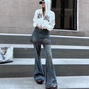 牛仔裤 屁帘休闲裤 早秋新品 叠穿设计感喇叭裤 女装 渐变设计感裙裤