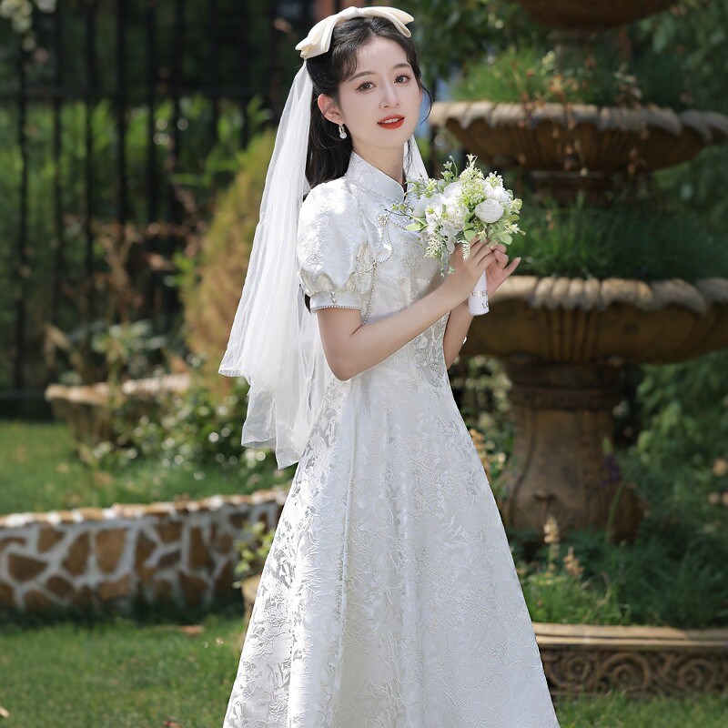 海棠记改良订婚旗袍小白裙新中式新娘敬酒服高端气质轻婚纱连衣裙