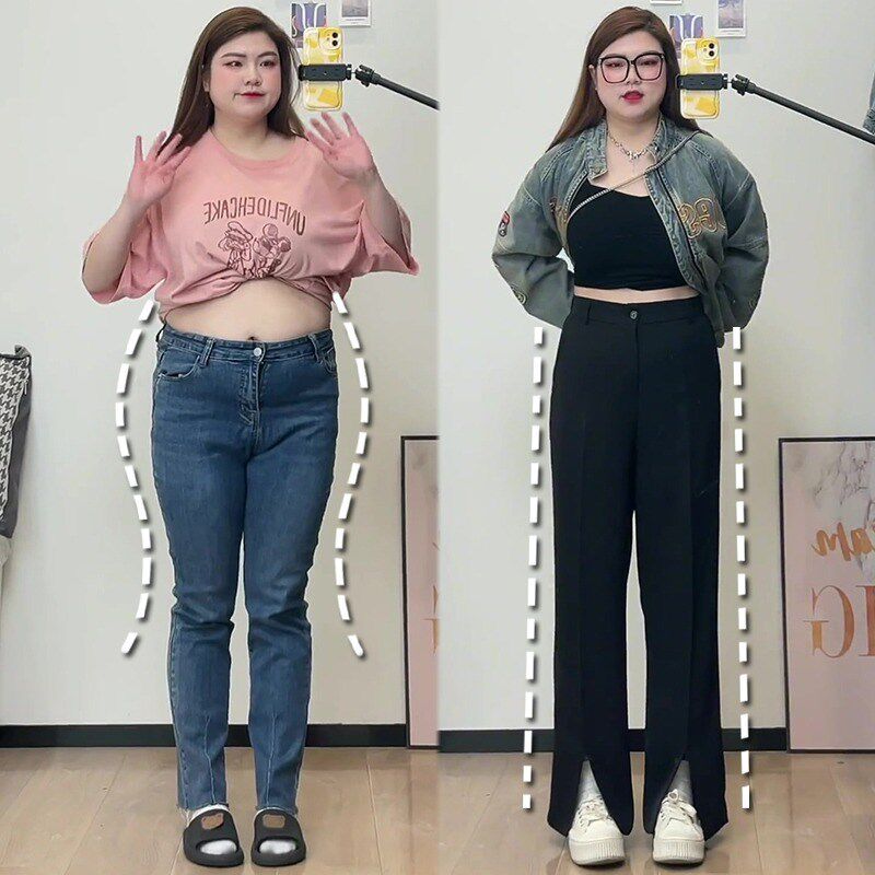 大码女装夏季梨形身材显瘦休闲开叉西装裤高级感垂感薄款黑色裤子