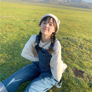 显瘦牛仔背带裤女小个子学生春秋季减龄宽松高腰阔腿长裤百搭裤子