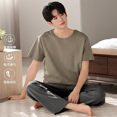 睡衣男款夏季纯棉薄款短袖长裤套头爸爸宽松大码家居服套装可外穿