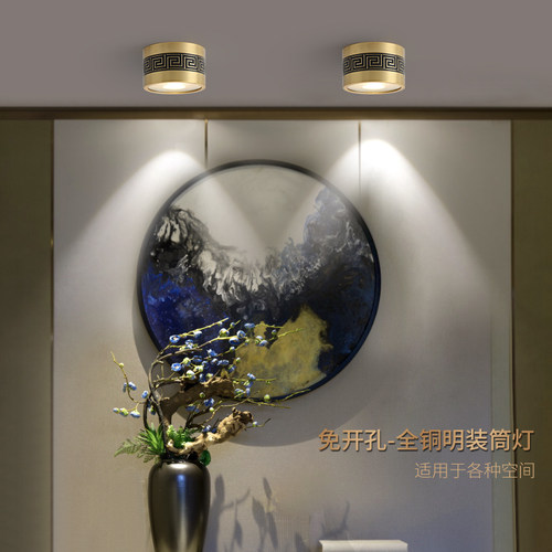 全铜明装筒灯嵌入式LED天花灯免钻孔吸顶射O灯新中式玄关灯走道灯