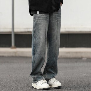美式复古春秋款水洗做旧直筒牛仔裤男士户外高街宽松阔腿裤子潮牌