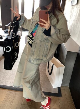 NAZ那子大码2024早春新款韩版复古休闲翻领牛仔外套胖mm半裙套装