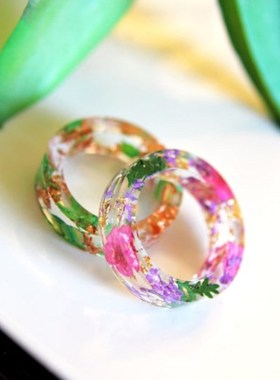 弹簧戒指 树脂戒指 四个季节 压花艺术 植物饰品 圣诞礼物