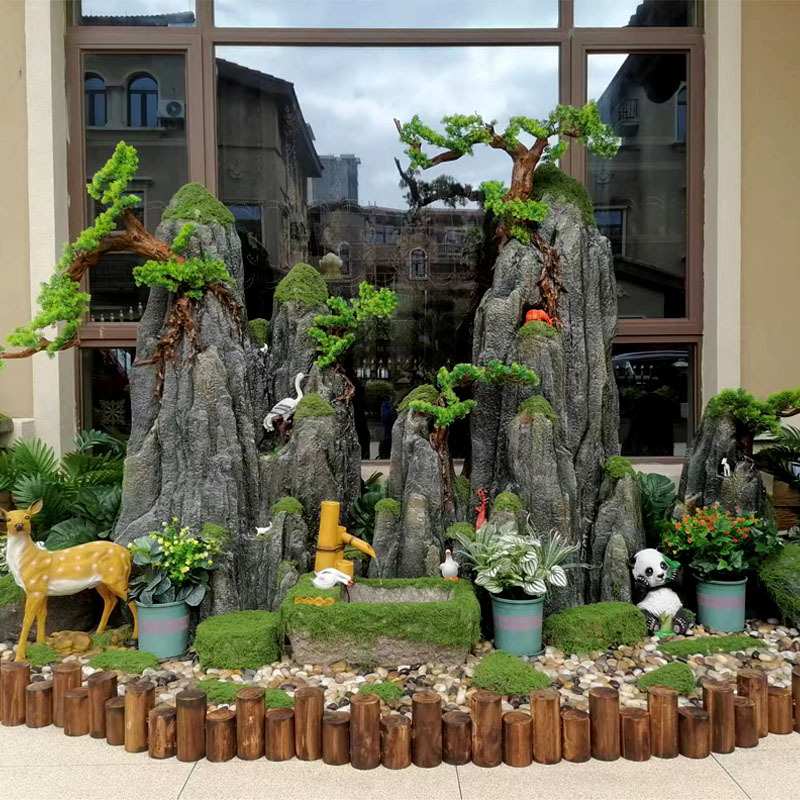 假山石头造景观仿真干山户外中式庭院布置鱼池装饰绿植摆件迎客松