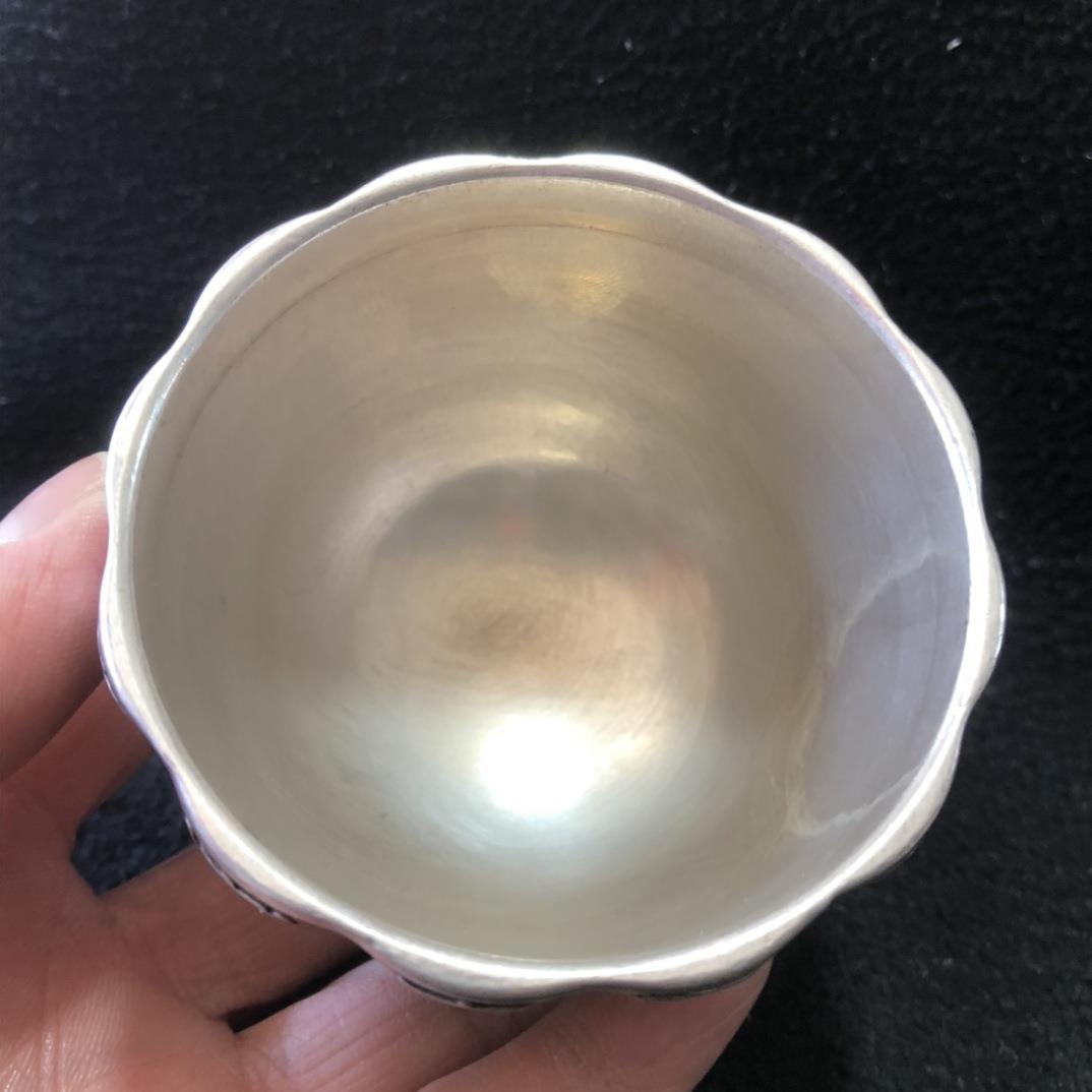 古玩鎏银茶杯铜鎏银仿古古茶碗摆件小铜杯复古茶宠浮雕银茶杯子