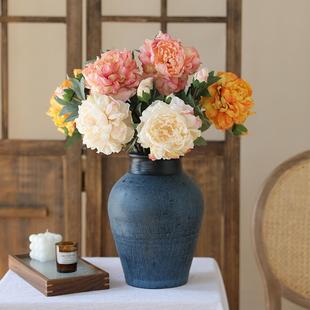 重瓣油画牡丹花假花绢花仿干花客厅摆设新中式餐桌花摆件