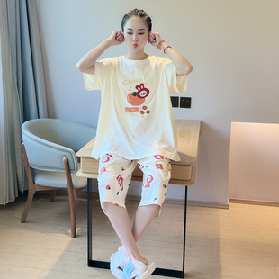 纯棉睡衣女夏季短袖七分裤薄款特大码家居服可外穿S套装2025年新
