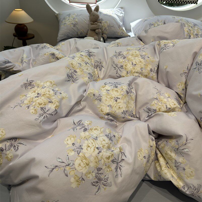 美式田园风淡雅黄色碎花全棉床上四件套E1.5m1.8米被套床单三件套