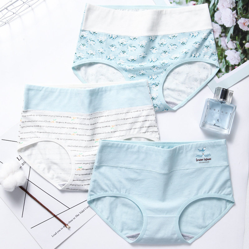 4条特惠装女士内裤 纯棉全棉质中高腰大码三角学T生裤头浅蓝色系