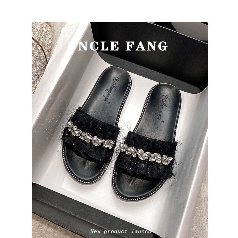 2024新款平底凉拖鞋女夏外穿时尚厚底拖鞋水钻一字拖小码33 34 35