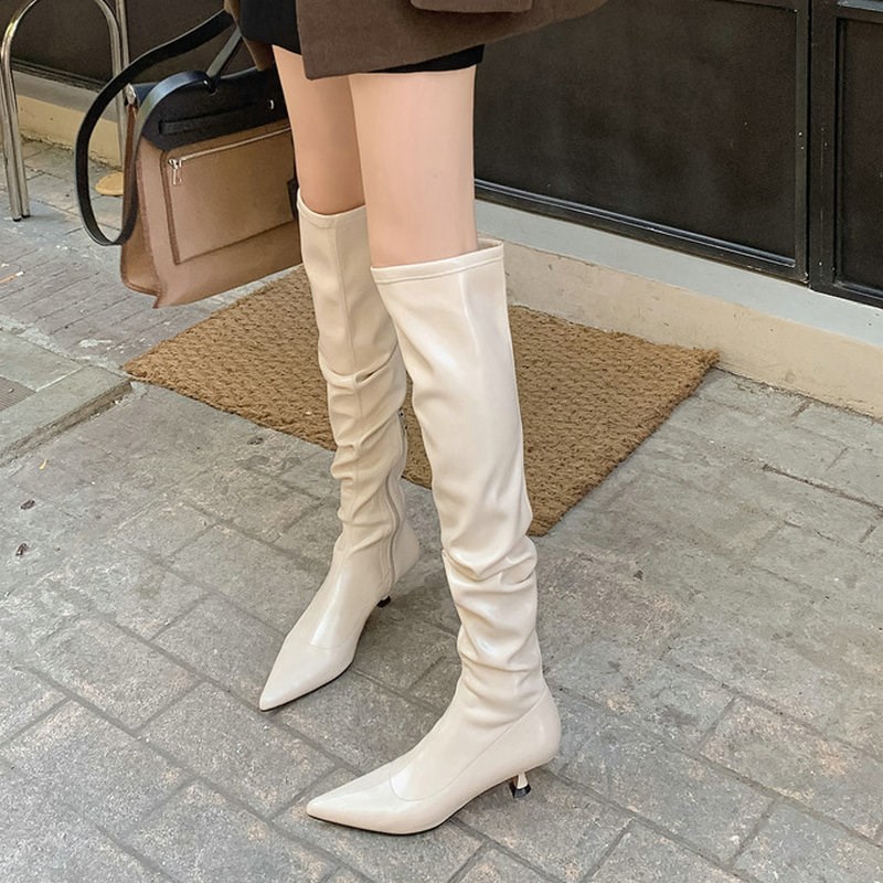 显瘦白色过膝长靴女2024新款秋冬尖头I细中跟靴子超长弹力靴长筒
