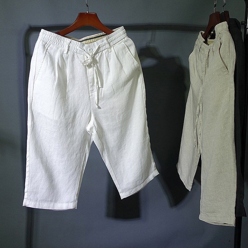 白色亚麻沙滩裤中腰基础七分裤休闲复古直筒宽松7分时尚麻料裤子,男装,休闲裤,淘宝优惠券,粉丝福利购,淘宝优惠卷