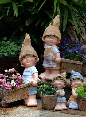 花园庭院别墅卡通推车娃娃工艺品户外园林幼儿园雕塑造景装饰摆件