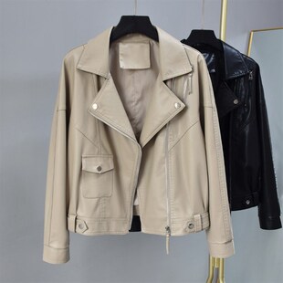 领宽松休闲短款 西装 洋派卡其色水洗皮夹克外套 新款 皮衣女2023秋装