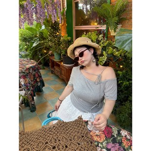 薄款 胖MM设计感修身 上衣 微胖蕾丝烫钻斜肩T恤女夏季 阿周家大码