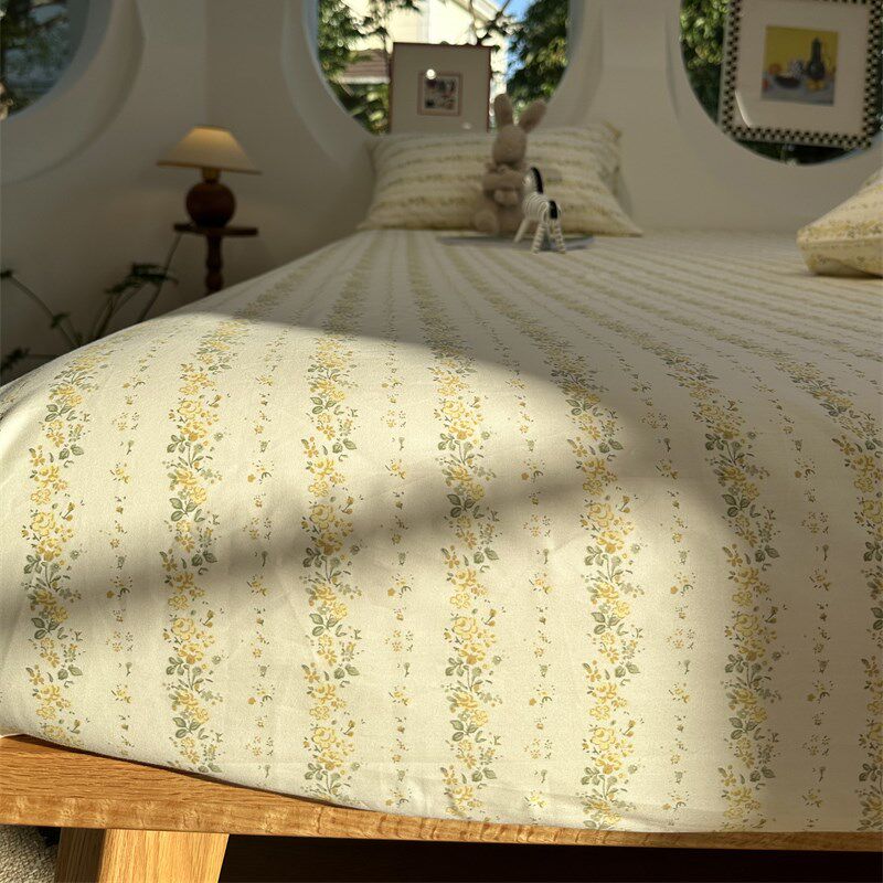 田园风黄色小碎花纯棉床笠床单单件1.35m全棉学生宿舍保护套床罩