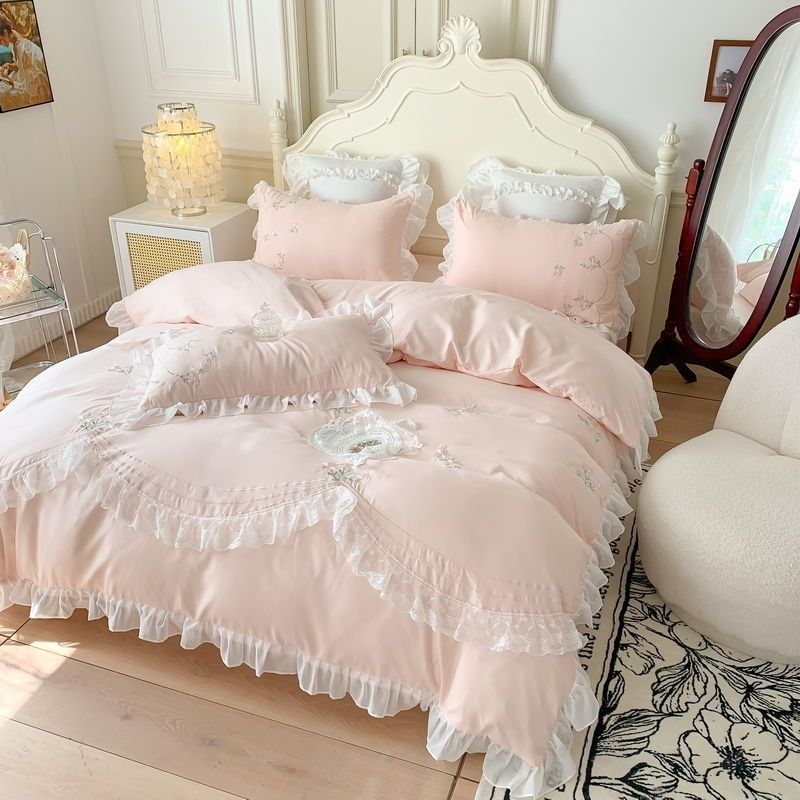 床上四件套纯棉刺绣被套花边网红少女公主风1.5/1.8m婚庆结婚用品