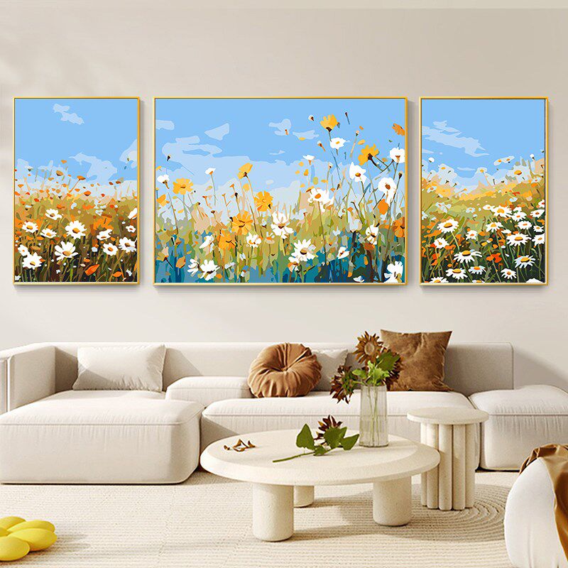 数字油画diy海边风景三联画手工绘填色油彩画大尺寸客厅装饰挂画