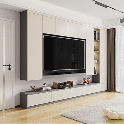 实木电视柜一体组合背景墙柜整体客厅现代简约收纳书架储物柜定制