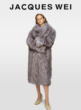 JACQUES WEI何穗同款秋冬烟紫色长皮毛一体大毛领皮草外套女大衣