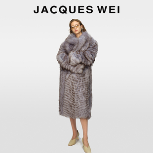 JACQUES 秋冬烟紫色长皮毛一体大毛领皮草外套女大衣 WEI何穗同款