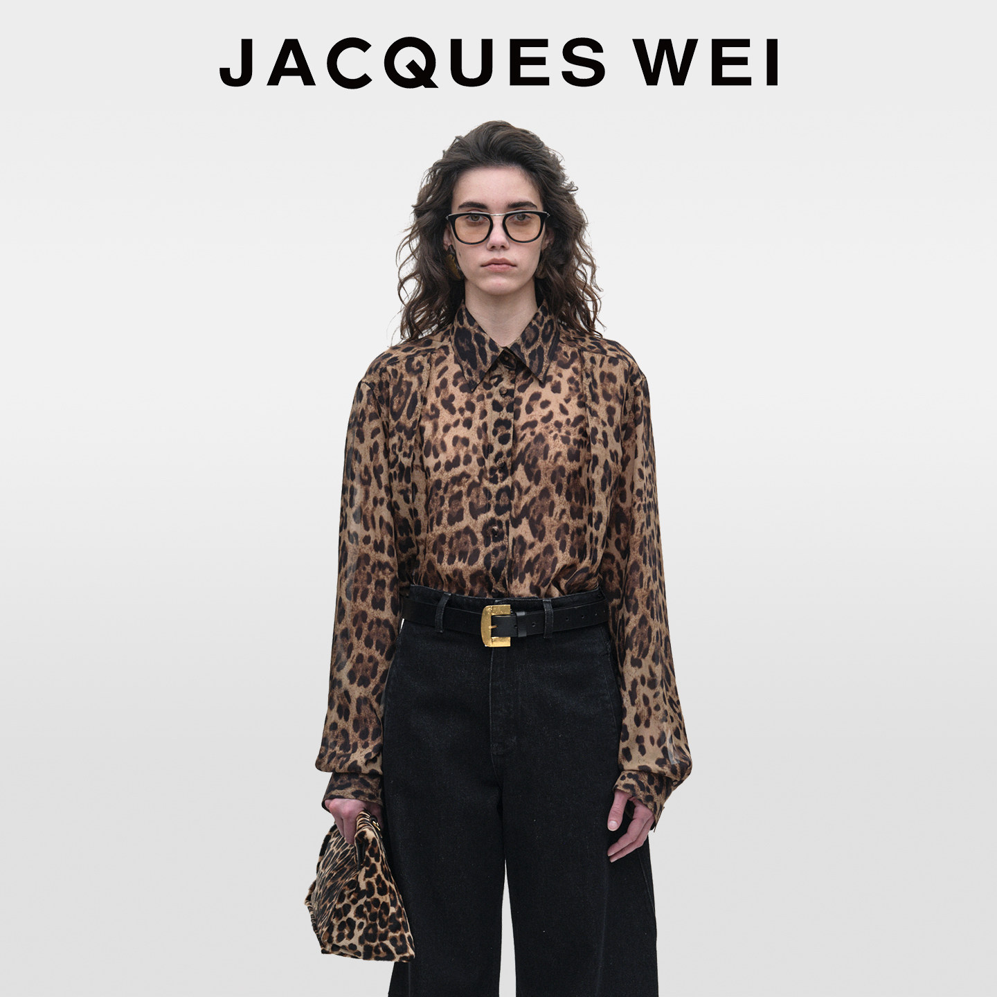 JACQUES WEI2025新款设计师走秀款豹纹褶间真丝衬衫女