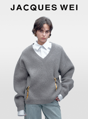 JACQUES WEI2025年新款秋冬极简灰色金扣狐狸绒羊毛针织衫毛衣女