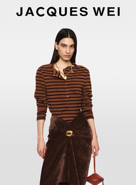JACQUES WEI2026新款马年胶囊系列棕色做旧波浪领条纹长袖T恤女款