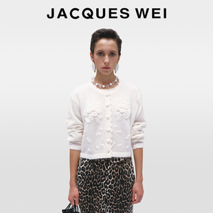 白色马海毛手工钩花复古毛衣女开衫 JACQUES 设计师款 秋冬新款 WEI