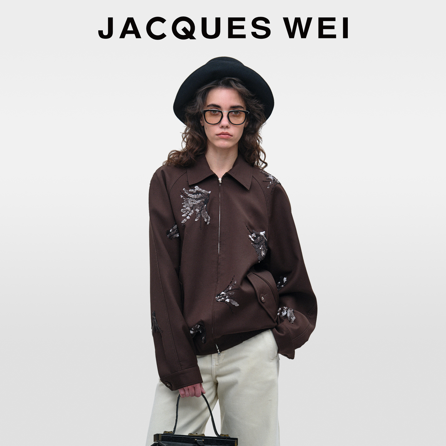 JACQUESWEI深棕花卉刺绣拉链夹克