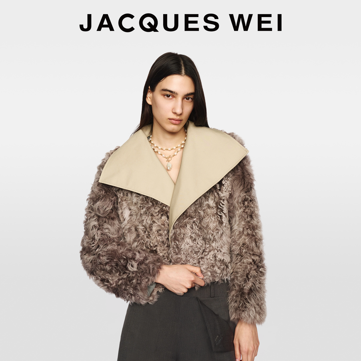 JACQUESWEI羊卷毛风衣领皮草外套