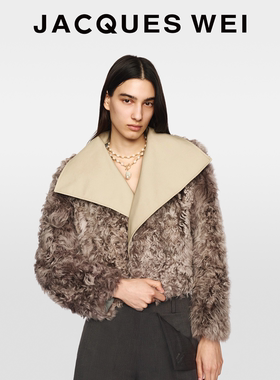 JACQUES WEI2026新年系列千金感灰色羊卷毛风衣领羊毛皮草女外套