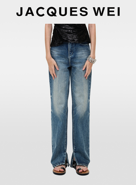 JACQUES WEI秋冬新款纯棉水洗做旧深蓝激光刺芹印花直筒牛仔裤女