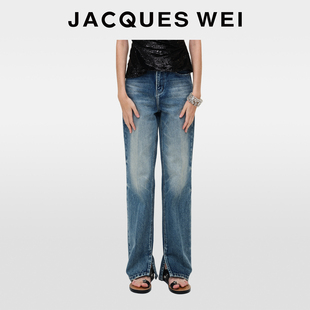 女 纯棉水洗做旧深蓝激光刺芹印花直筒牛仔裤 JACQUES WEI秋冬新款