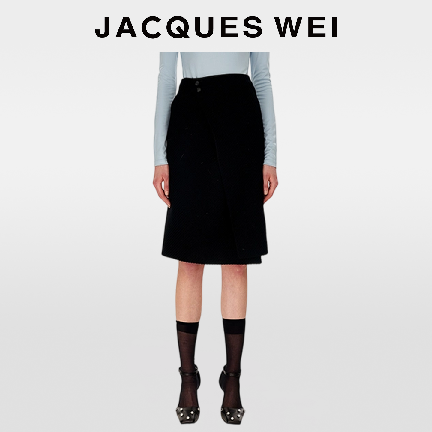 JACQUES WEI2025秋冬设计师黑色简约质感羊毛斜条纹不