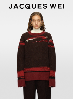 JACQUES WEI秋冬新款设计款红色刺绣钉珠针织套头毛衣女圣诞穿搭