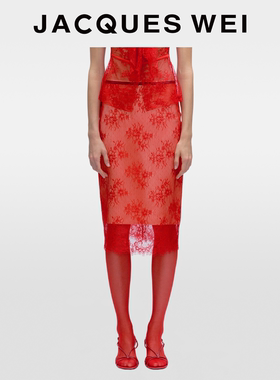 JACQUES WEI2025秋冬新款红色撞色蕾丝垂感半身裙子女圣诞节穿搭