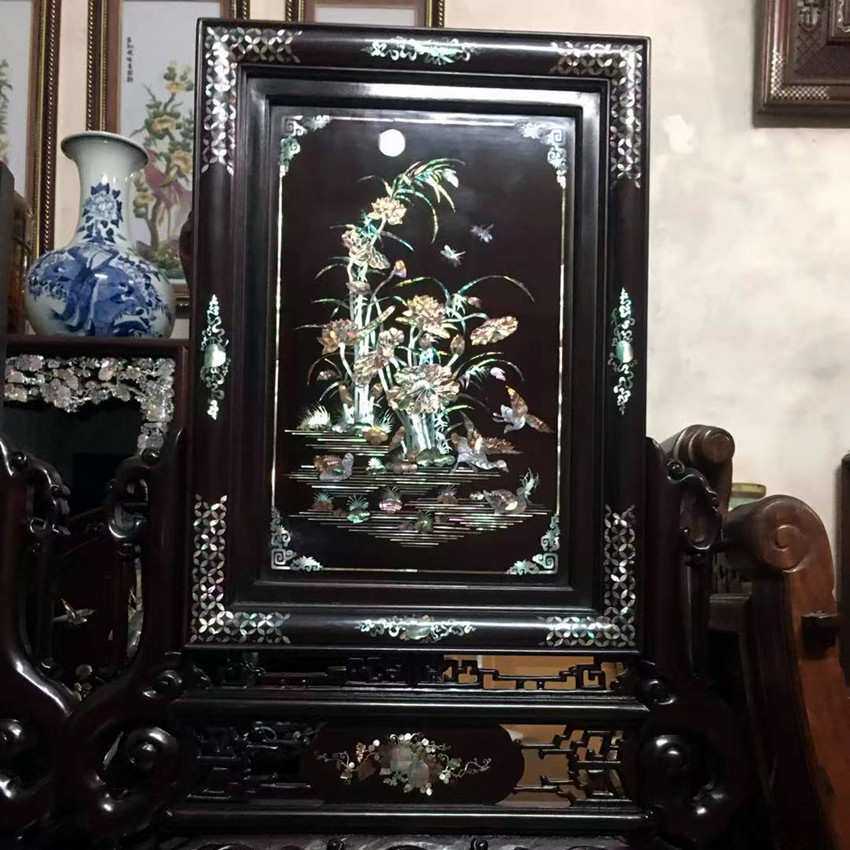 贝壳螺钿镶嵌玄关屏风实木鲍鱼贝雕桌面小屏风新古典家居贝饰摆件