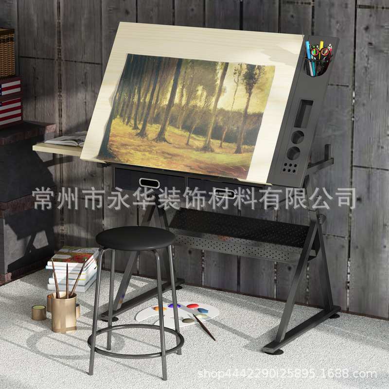 实木绘图桌可升降橡木美术设计建筑师绘图桌书桌画画油画绘图桌子