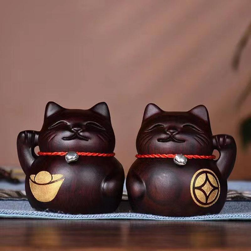 黑檀木雕可爱叮当猫对猫实木质开业店铺收银台家居客厅发木猫
