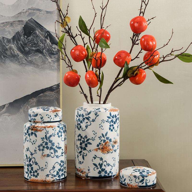 青花瓷仿古手绘花瓶客厅大号插花摆件储物陶瓷直身罐中式摆件