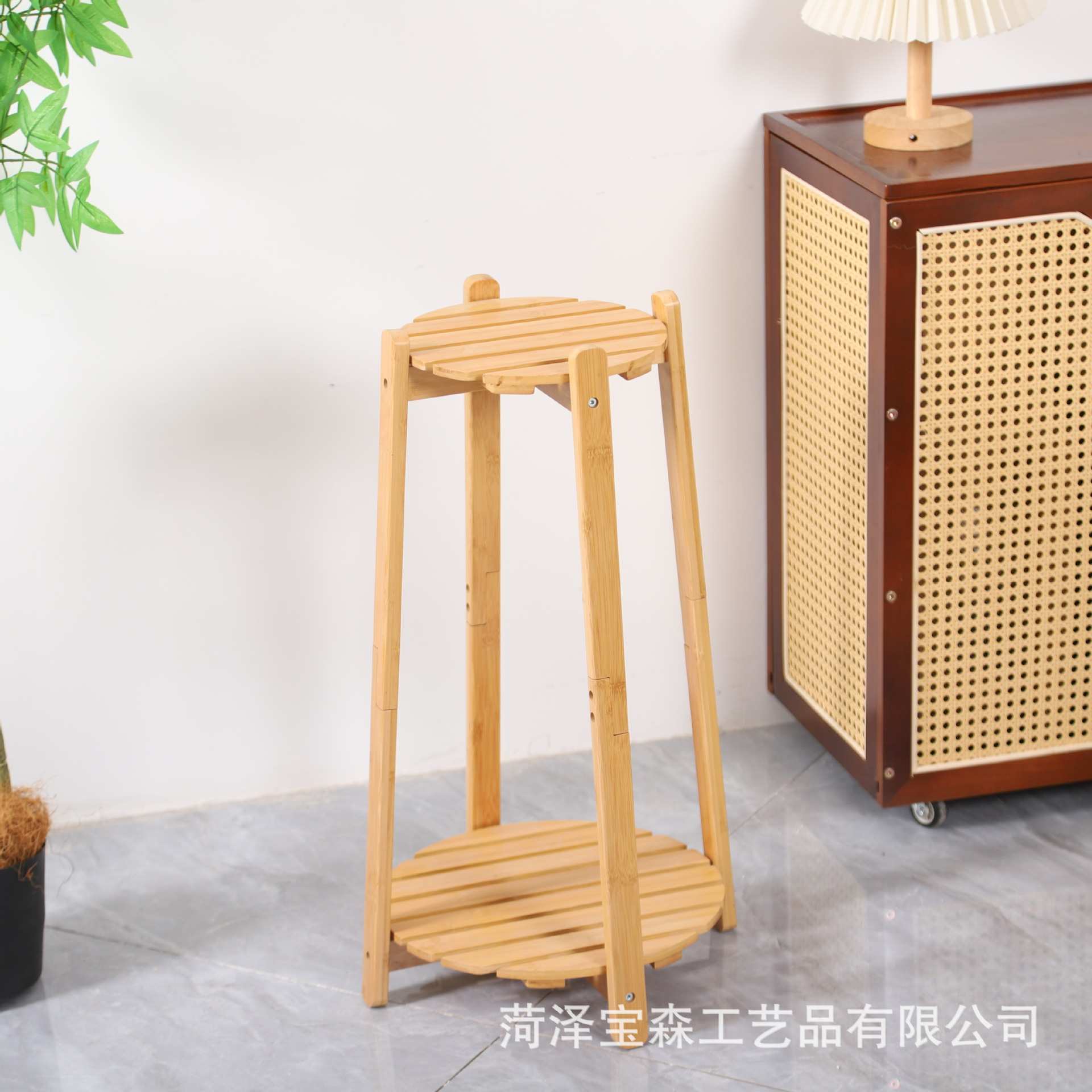 竹制双层室内花架圆形置物架客厅阳台绿植摆放架多层植物收纳架