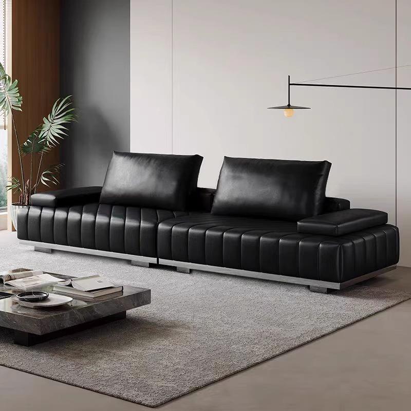 意式极简罗兰头层真皮沙发大平层客厅现代劳伦斯直排黑色真皮沙发